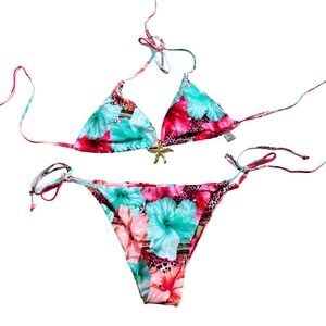 Zaful Floral Leopard Starfish Triangle Bikini Set Pink Teal Medium NEW
